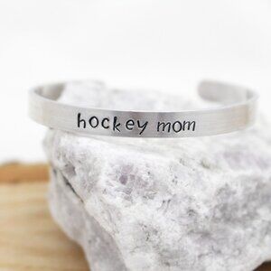 Hockey Mom - Hand Stamped Anodized Aluminum Bangle - Adjustable